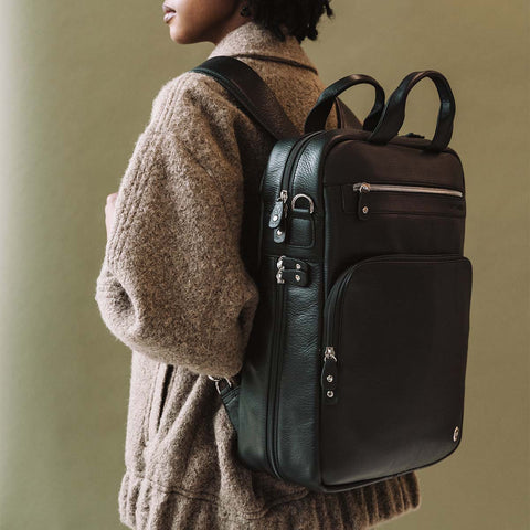 The Backpack in Black Pebble Leather - black leather commuter backpack - Poppy Barley