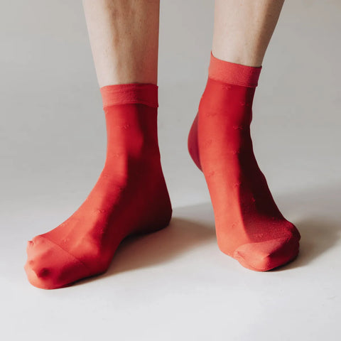 Rachel Micro Bow Pattern Sheer Socks in Cherry