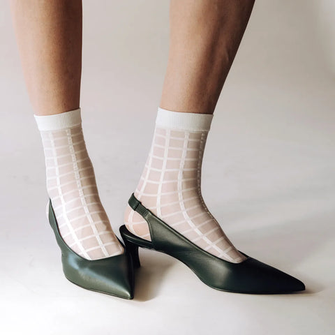 Rachel Checkered Sheer Socks in Creamy White