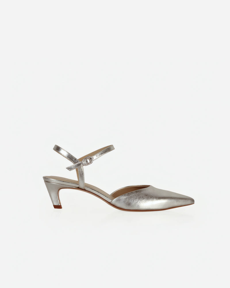 The Claire Kitten Heel Silver Crinkle