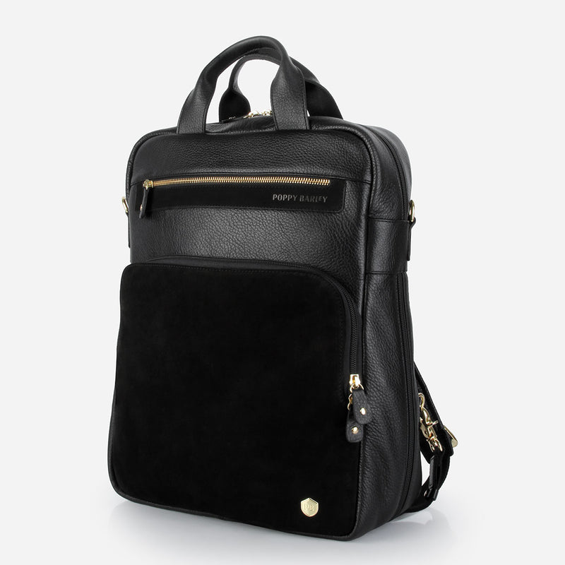 Black backpack with gold accents on a white background