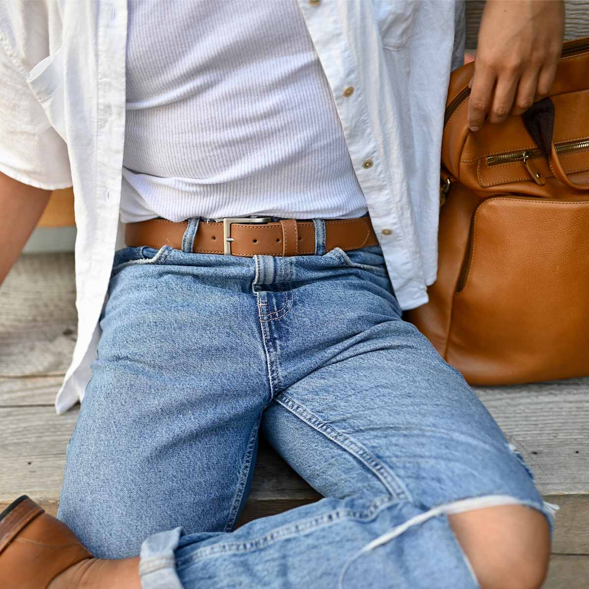 The District Belt Brushed Silver Leather Brown