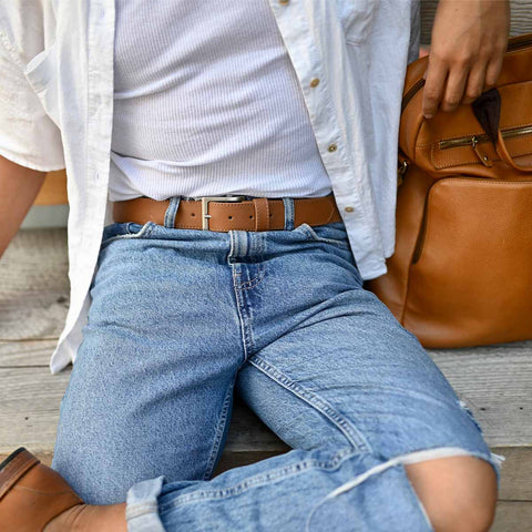 The District Belt Brushed Silver Leather Brown